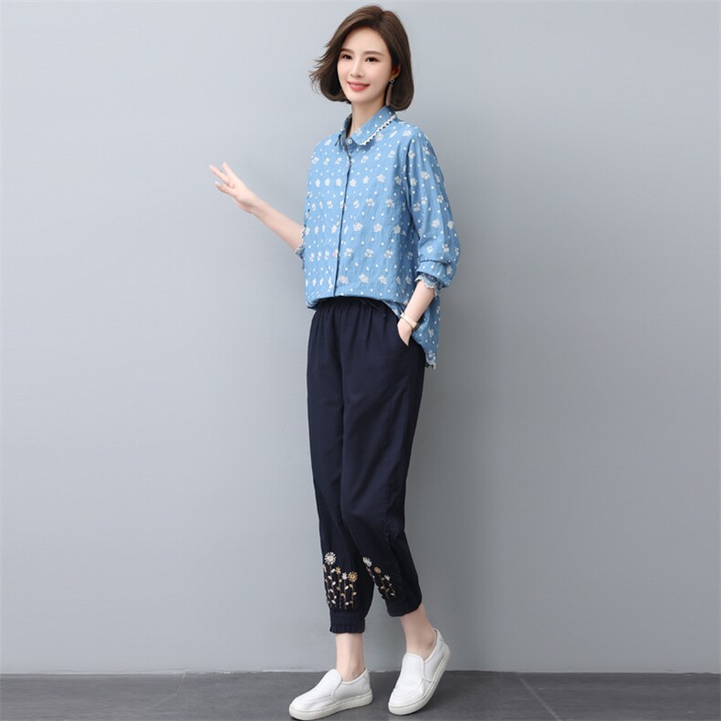 套装女2022秋季新款时尚休闲妈妈两件套牛仔绣花,女装大码女装,奕阳依阁