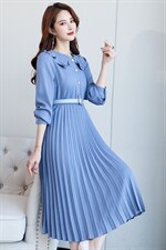 百褶连衣裙纯色通勤高腰套头A字裙长袖淑女2021年春季，女装连衣裙，铭街依杨