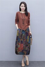 新款秋装2022时尚修身减龄休闲针织长袖花色长裙套装套裙，女装套装/套裙，施恩睿棋