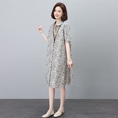 纯棉印花连衣裙女夏2025新款宽松大码中年妈妈遮肚子显瘦衬衫裙子，女装连衣裙，依恋蒂丝