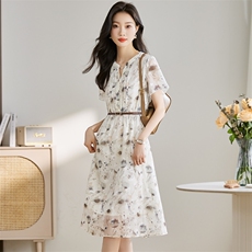 法式轻熟风连衣裙女2025年春夏新款复古百搭水墨花色短袖中长裙子，女装连衣裙，艾米