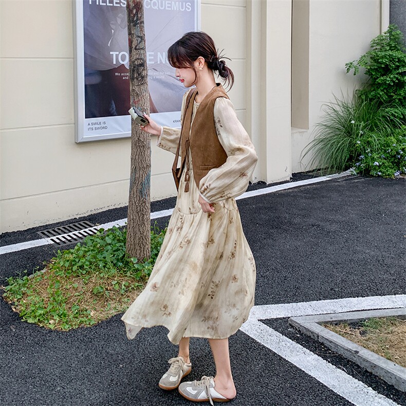 高级感碎花连衣裙套装女2024秋季新款法式复古马甲气质长裙两件套,女装套装/套裙,2C098