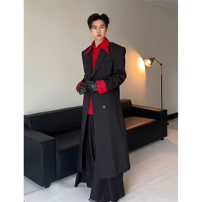 现货~黑红撞色长款垫肩收腰大衣Y960-西装风衣P118毛呢大衣P125,男装西服套装,星座1004-3
