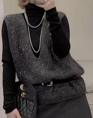 2025年秋季新款百搭女士亮片V领马甲，女装针织衫/毛衣，嘉日羊绒