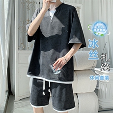 特批P55无差价25夏季百搭冰感冰丝扎染假两件大码两件套男TZ5362，男装休闲套装，电商A001