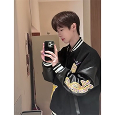 PU皮拼接cleanfit夹克男夏季潮牌美式复古宽松廓形情侣棒球服外套，男装夹克，星座617A-2