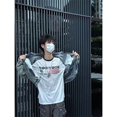 复古水洗垫肩短款拼接牛仔外套男女做旧设计感夹克潮WL3122-P68，男装工装外套，星座1008