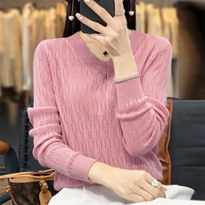 长袖套头纯色2024年秋季V领时尚气质百搭针织衫，女装针织衫/毛衣，大美人包芯纱店