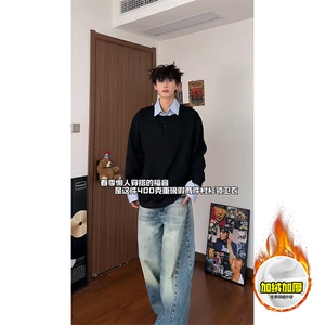 重磅加绒硬挺boxy男女美式高街假两件衬衫领长袖卫衣POLO领打底衫图片