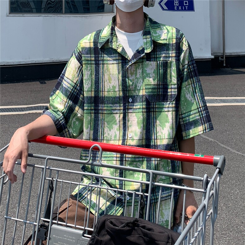 2025美式扎染印花冰丝凉感短袖五分袖格子衬衫CS1866/特P25绿2,男装T恤,电商A094
