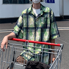 2025美式扎染印花冰丝凉感短袖五分袖格子衬衫CS1866/特P25绿2，男装T恤，电商A094