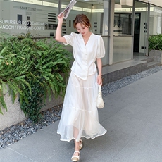 白色高级感小香风套装裙女夏季新款气质显瘦v领上衣半身裙两件套，女装套装/套裙，2C233