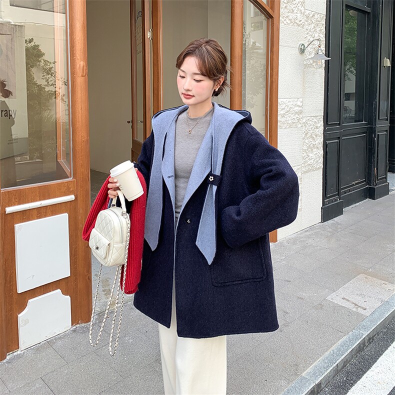 藏青色学院风撞色拼接双面呢羊毛外套女秋冬2025新款设计减龄大衣,女装毛呢外套,2C015