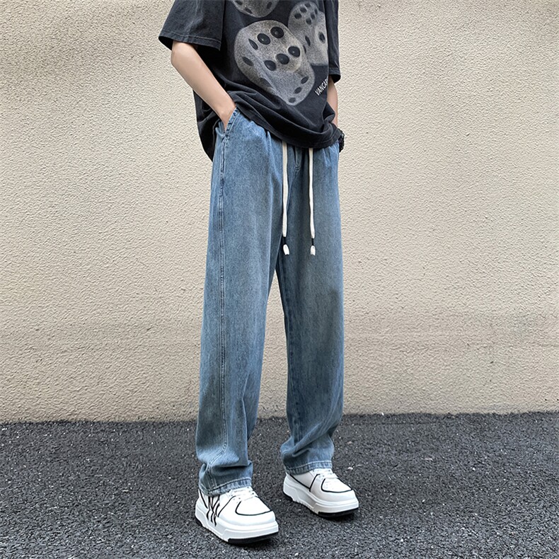 薄款牛仔裤男后袋贴标哈伦大码宽松直筒长裤松紧腰KN86P55,男装牛仔裤,电商D325