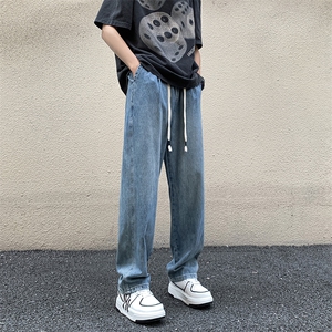 薄款牛仔裤男后袋贴标哈伦大码宽松直筒长裤松紧腰KN86 P55图片