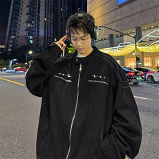 美式复古做旧宽松休闲夹克男女上衣春秋情侣装牛仔外套JK2177，男装工装外套，星座1116A-1（原606A）