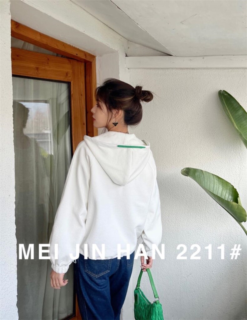 【美巾涵】春季新款外套华夫格连帽卫衣短款外套，女装卫衣/绒衫，美巾涵