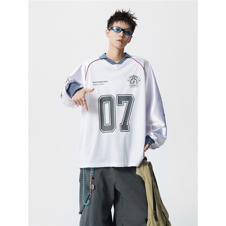 美式翻领POLO衫大码M-5XL插肩拼接V领球衣长袖T恤T78096P48控78，男装Polo衫，星座227-7