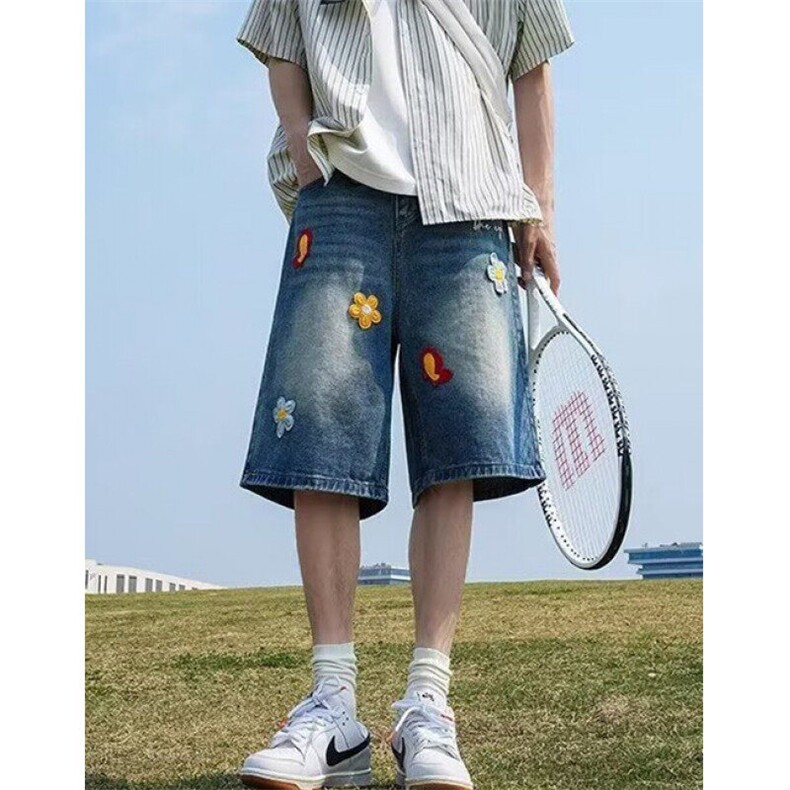 潮小花刺绣贴布五分牛仔短裤夏季2025新款美式宽松中裤D3557,男装牛仔裤,星座1116A（原606A-3）