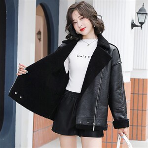 2021秋冬新款仿羊羔毛皮毛一体女机车皮衣外套中长款图片