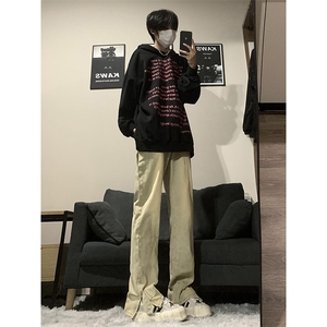 wassupcandy黄泥色牛仔长裤男春秋季大码直筒裤潮牌美式高街裤子,灰色的运动裤搭配卫衣图片图片