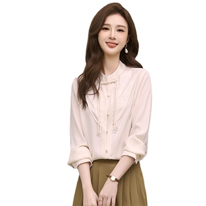2024春季新款优雅珍珠扣纯色长袖衬衫女修身显瘦百搭上衣图片