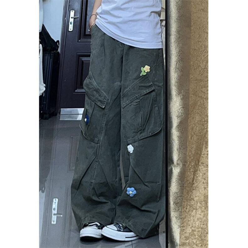 多口袋直筒工装牛仔裤女早春宽松小花刺绣伞兵裤阔腿长裤KN1061,男装休闲裤,星座1116A（原606A-3）