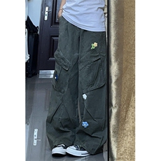 多口袋直筒工装牛仔裤女早春宽松小花刺绣伞兵裤阔腿长裤KN1061，男装休闲裤，星座1116A（原606A-3）