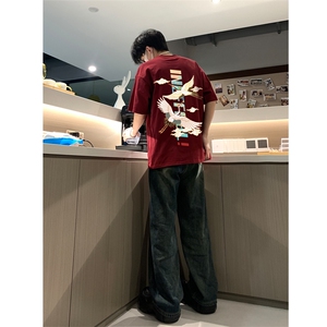 已做版权 新中式潮短袖风宽松仙鹤复古t恤男 T55-P28图片