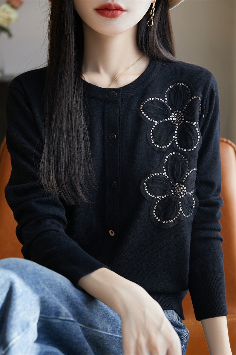 春秋款精纺羊毛开衫女圆领立体亮片绣花针织毛衣宽松休闲外搭上衣,针织衫/毛衣,暖烁羊绒
