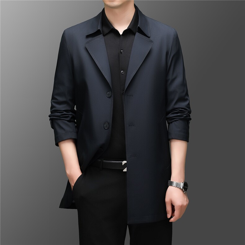 Z5531秋季新款男士中长款大翻领风衣商务领导服男装纯色外套图片