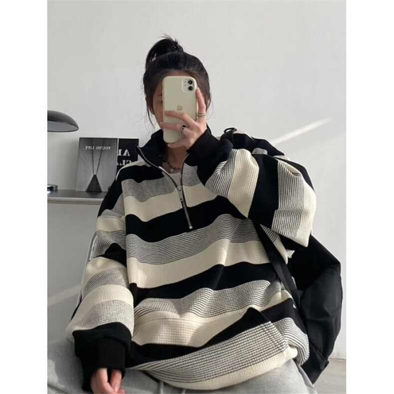 美式复古半拉链条纹卫衣春秋季宽松长袖显瘦情侣外套L88055-P55,女装短外套,星座1008