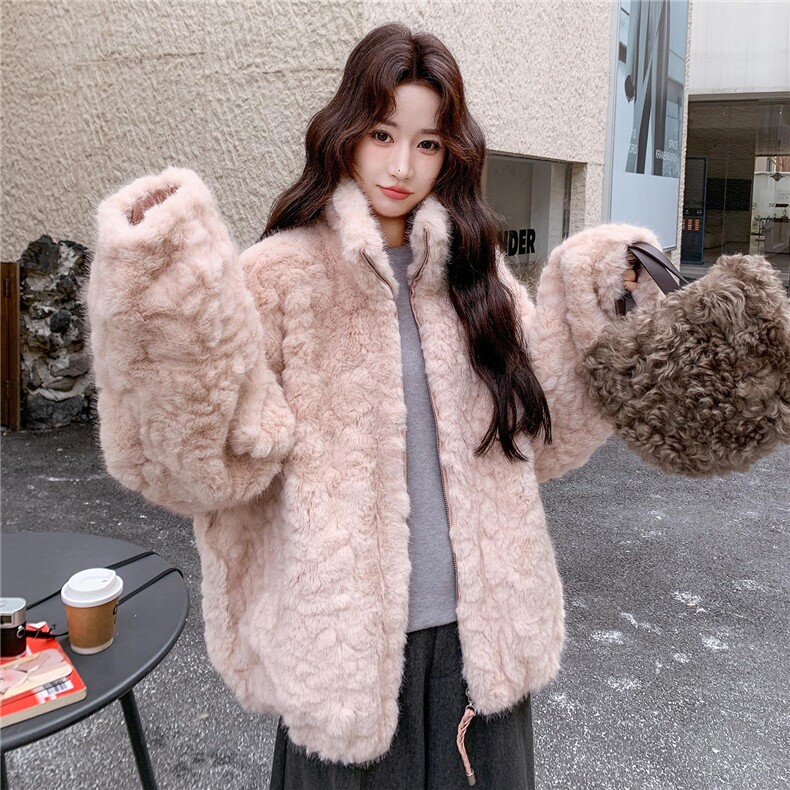 粉色环保仿皮草毛毛外套高级感温柔宽松加厚皮毛一体冬，女装皮草，浙宝113
