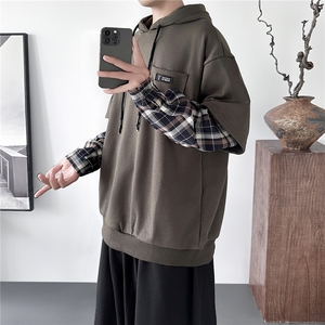 现货连帽卫衣男潮牌ins假两件拼接格子慵懒风 Y8212-P68图片