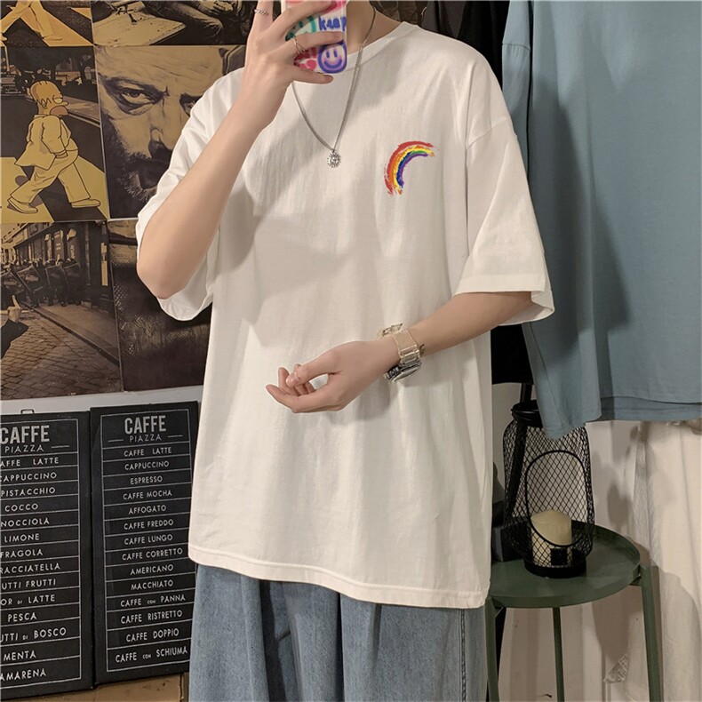 T3032/P20现货男士彩虹印花短袖T恤男女中性风情侣大码潮宽松半袖,男装T恤,电商A141