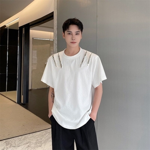 金属拉链垫肩短袖男美式复古男生小众设计感痞帅T恤A345-500-P80图片
