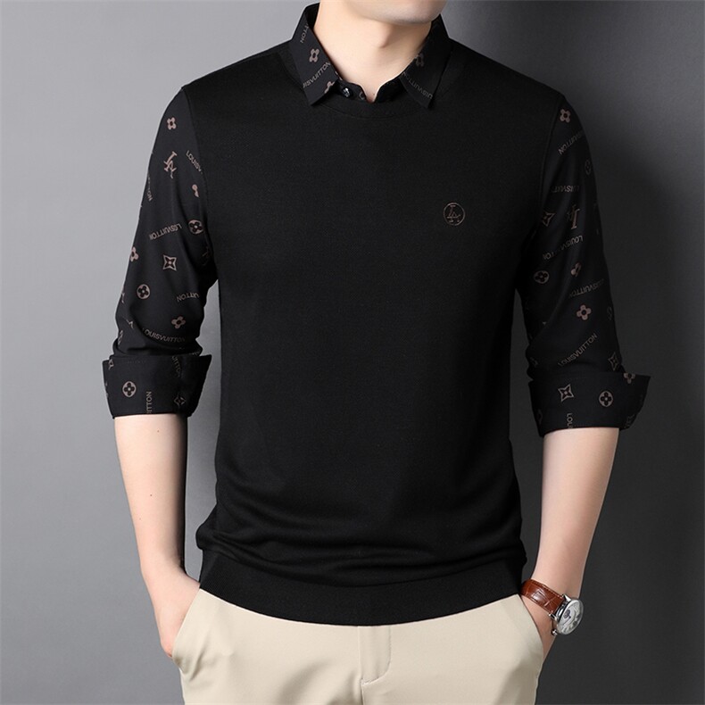 高端男士长袖秋季薄款假两件体恤中年卫衣秋衣2023新款印花时尚，男装卫衣，电商B212（原钱塘6029）