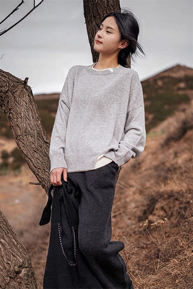 时尚宽松假两件下摆开叉设计羊毛针织毛衣,女装羊毛衫,泰沅羊绒