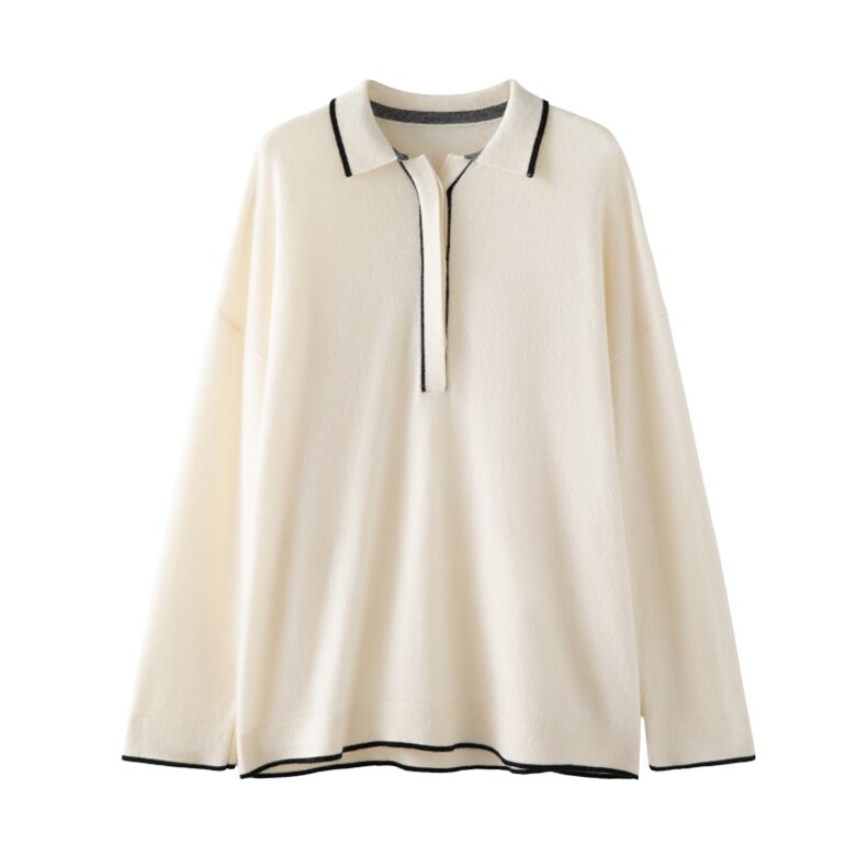 2025秋冬百搭时尚简约拼色polo领针织衫，女装针织衫/毛衣，木淼羊绒