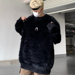 秋冬小众慵懒风仿貂毛针织毛衣男金属设计感宽松纯色毛衫-MY2979图片