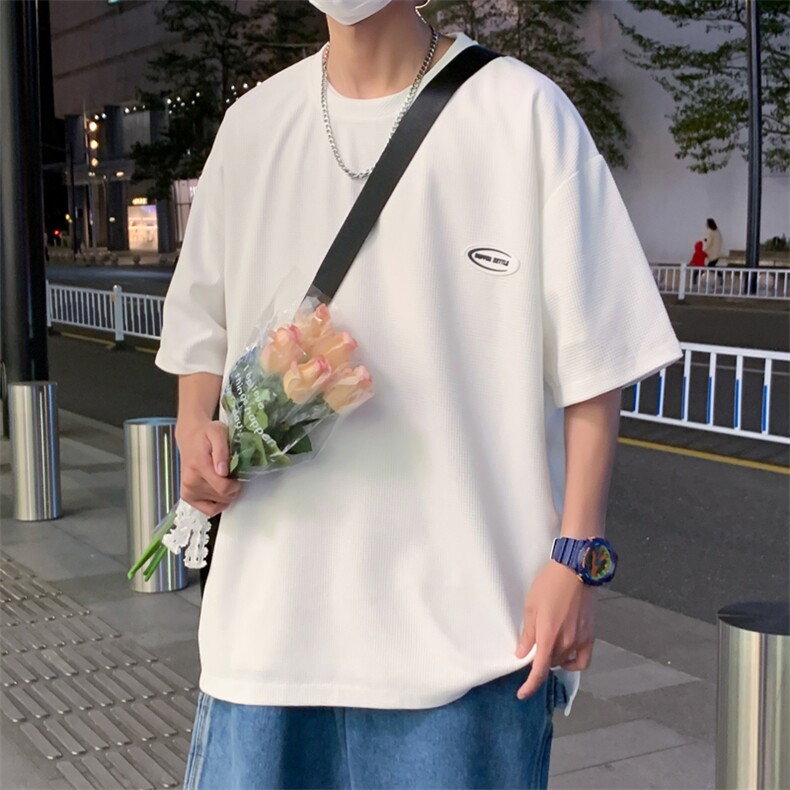 T6055/P20港风华夫格夏季新款宽松贴标短袖T恤男上衣大码控38,男装T恤,电商A141