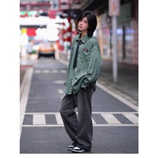 春秋港风长袖条纹衬衫男女同款青少年感中性风宽松衬衣薄C92，男装衬衫，星座1116A（原606A-3）