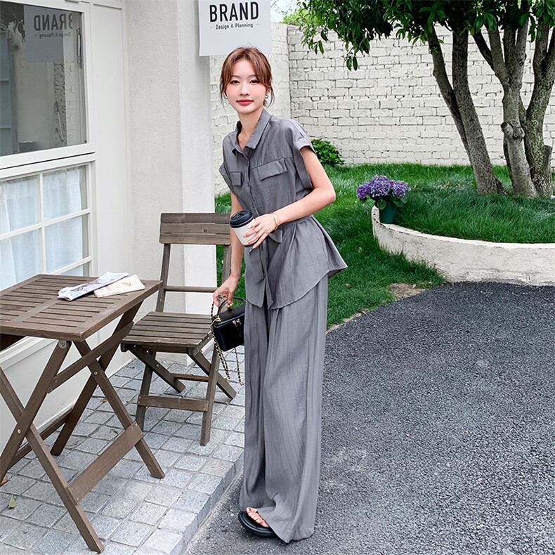 灰色高级感收腰系带衬衫套装女夏季2025年新款高腰阔腿长裤两件套图片