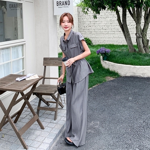 灰色高级感收腰系带衬衫套装女夏季2025年新款高腰阔腿长裤两件套图片