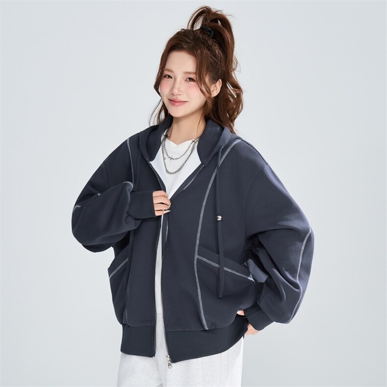宽松休闲明线连帽开衫女春秋潮流百搭设计感外套XZ309JK8007P72,女装短外套,星座309（原A406）