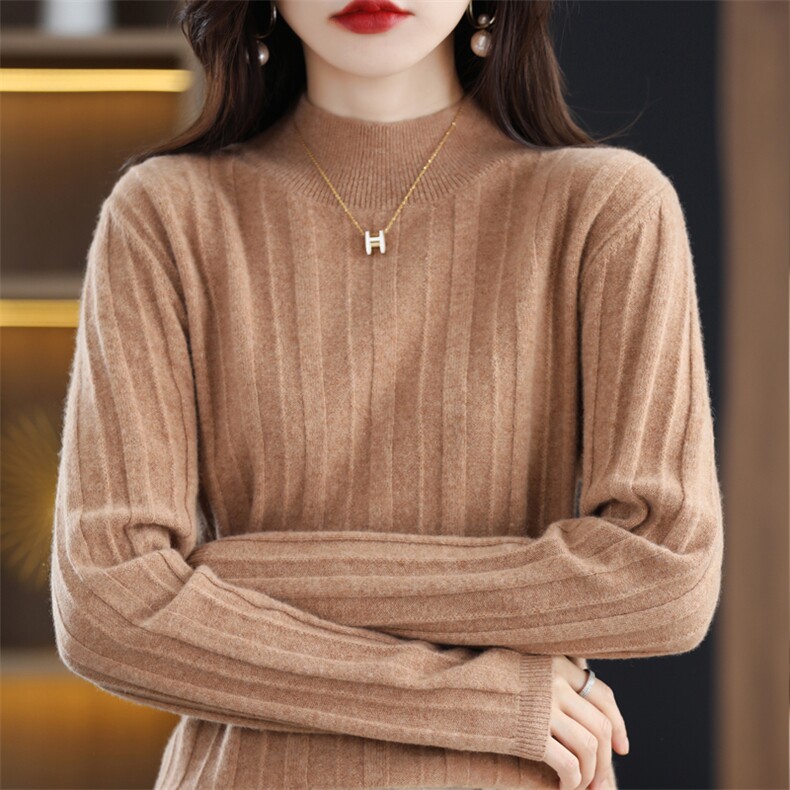 100羊毛半高领打底衫女秋冬保暖百搭显瘦针织纯色加厚内搭毛衣,针织衫/毛衣,唯若美羊绒