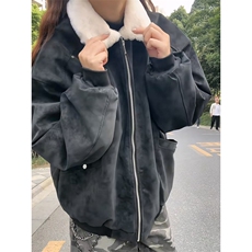 现货重磅硬挺boxy羽绒棉衣座山雕羊羔毛领洗水麂皮棉服冬外套，男装棉衣，电商A486