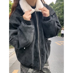 现货重磅硬挺boxy羽绒棉衣座山雕羊羔毛领洗水麂皮棉服冬外套图片