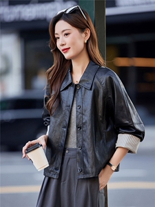 时尚翻领皮衣外套女2025春秋新款条纹拼接PU皮夹克短款高级感上衣图片