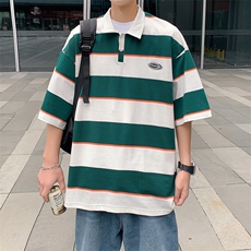 !条纹翻领宽松纯棉polo衫短袖男T恤XP221-P40控68，男装T恤，电商B370